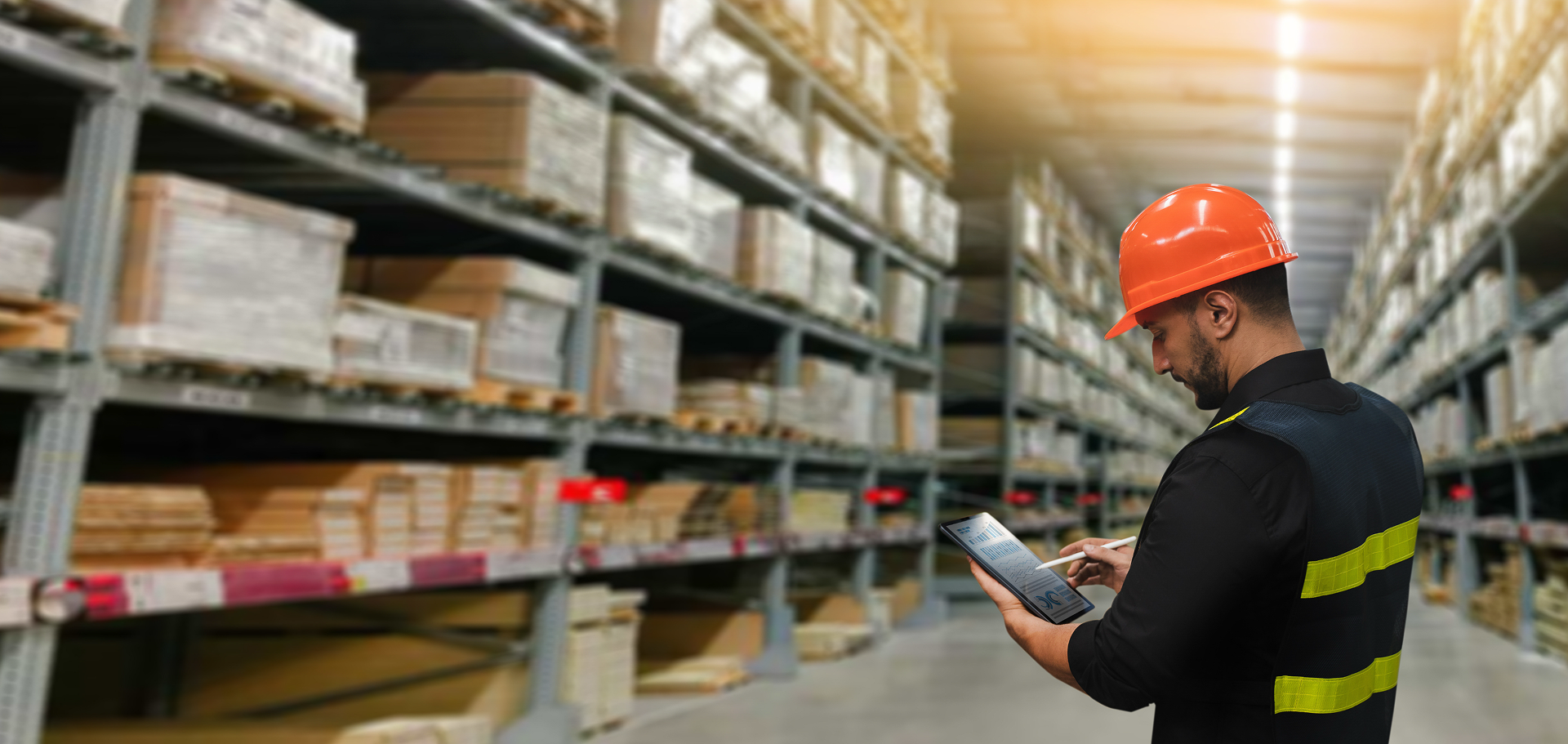 Pracownik w pomarańczowym kasku ochronnym i kamizelce odblaskowej korzysta z tabletu, aby przeprowadzić przegląd regałów w dużym magazynie wypełnionym regałami magazynowymi, ułożonymi w stosy różnych pudeł i paczek.